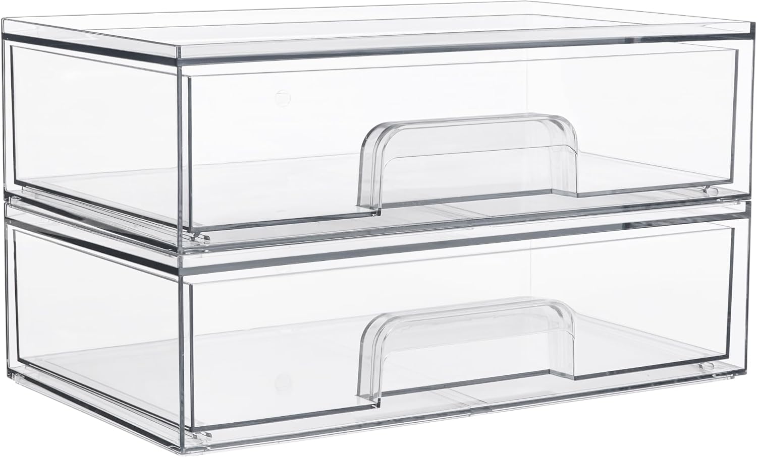 2 pack clear acrylic stackable storage drawers holding makeup palettes on a white vanity table