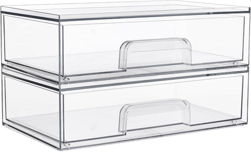 2 pack clear acrylic stackable storage drawers holding makeup palettes on a white vanity table