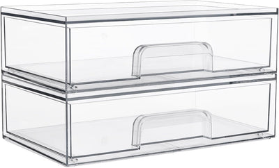 2 pack clear acrylic stackable storage drawers holding makeup palettes on a white vanity table