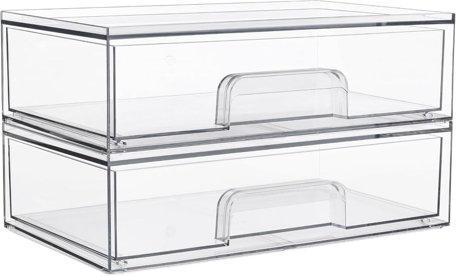 2 pack clear acrylic stackable storage drawers holding makeup palettes on a white vanity table