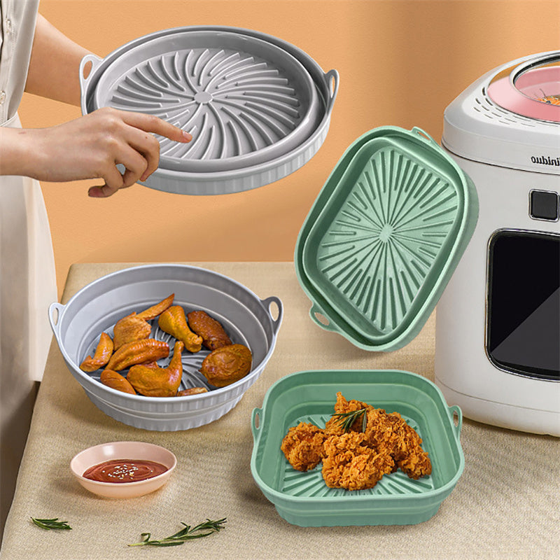 Expanded grey collapsible silicone air fryer pot liner with side handles