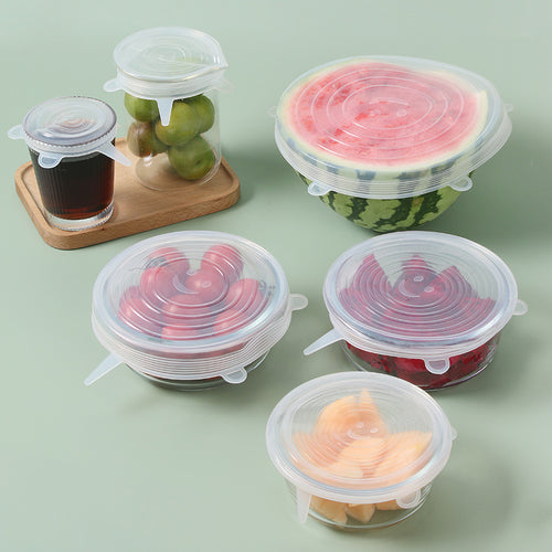 Six blue silicone stretch lids displayed in various sizes for kitchen bowl covers